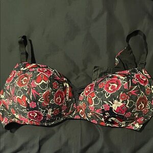 Elegant Floral Black and Red Bra